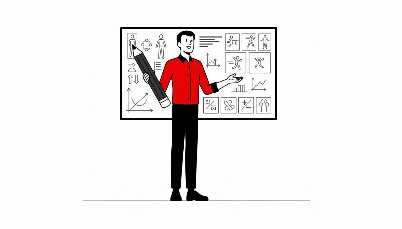 Personagem do site em uma oficina, ensinando enquanto mostra seu próprio processo de criação