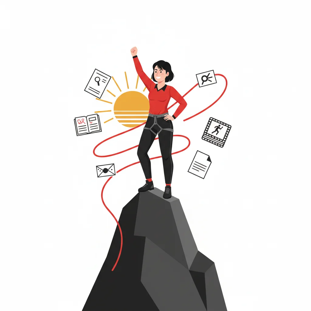 Site character in full body climbing the Dedo de Deus rock wall at sunset, with research notebooks, screenplay pages and animation frames floating around