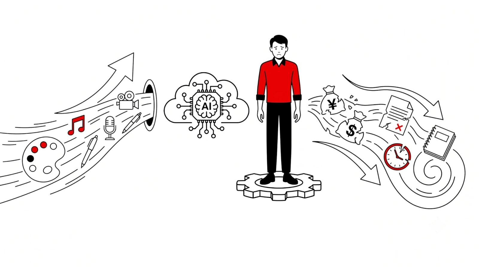 Character holding a sculpting tool while a machine prints a detail-less copy, symbolizing the difference between authorial creation and AI-generated content