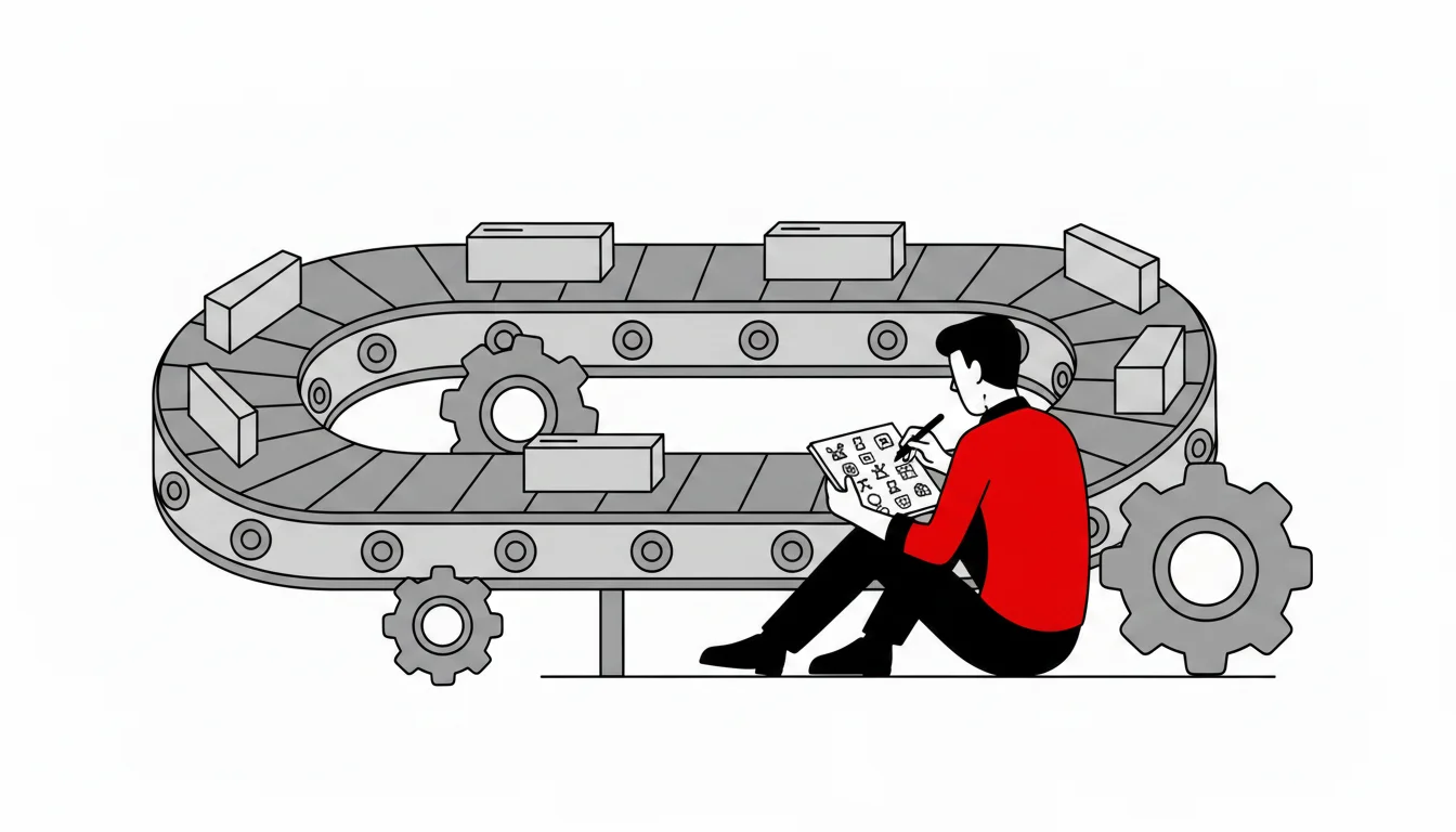 Personagem do site de costas para uma esteira de produção em loop, segurando um caderno e desenhando fora da linha de montagem