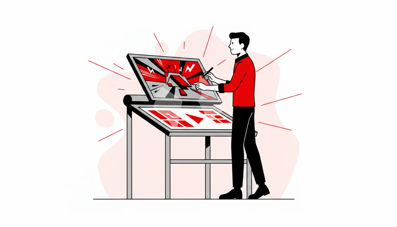 Personagem do site animando um quadrinho: painéis de quadrinhos se movimentando em uma mesa de luz digital