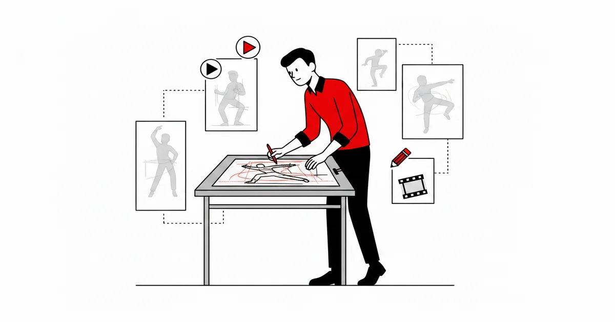 Personagem do site animando um frame de rotoscopia sobre a silhueta de um bailarino, com traços em sobreposição e uma mesa de luz