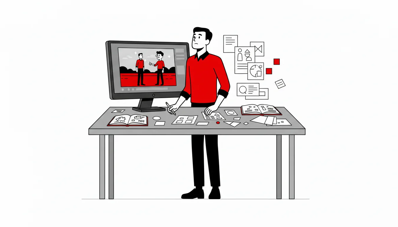 Personagem do site numa mesa cheia de cadernos, recortes e desenhos, com uma tela ao fundo mostrando o frame final de uma animação
