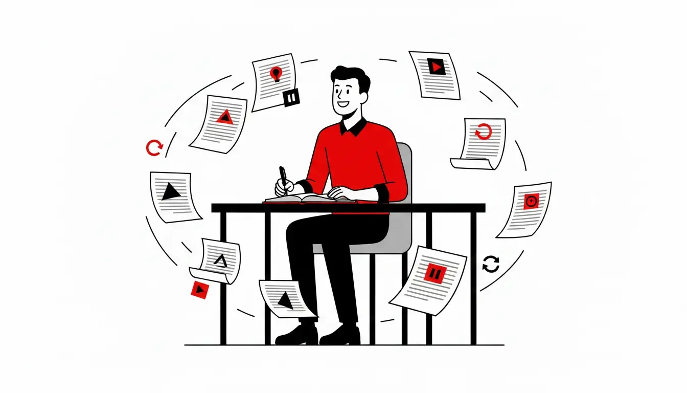 Criador do Fonte sentado à mesa, escrevendo em um caderno com folhas de roteiro flutuando ao redor