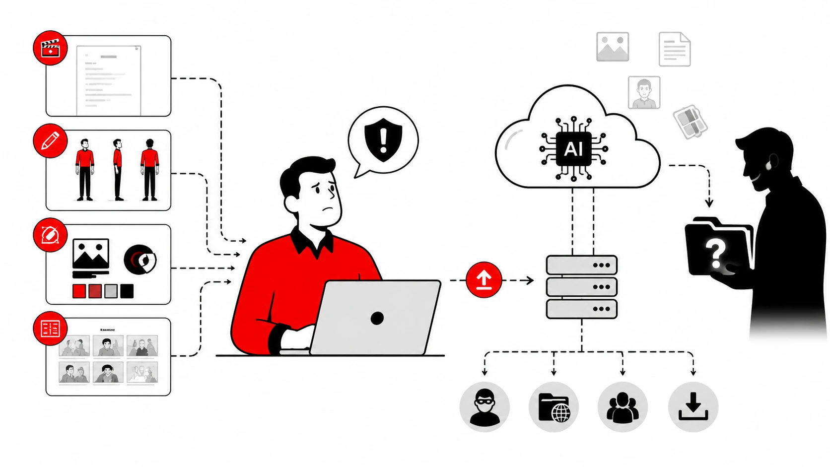 Character with face split between a cloud with AI icon and a padlock, representing the dilemma of using ready-made AI versus protecting creative data