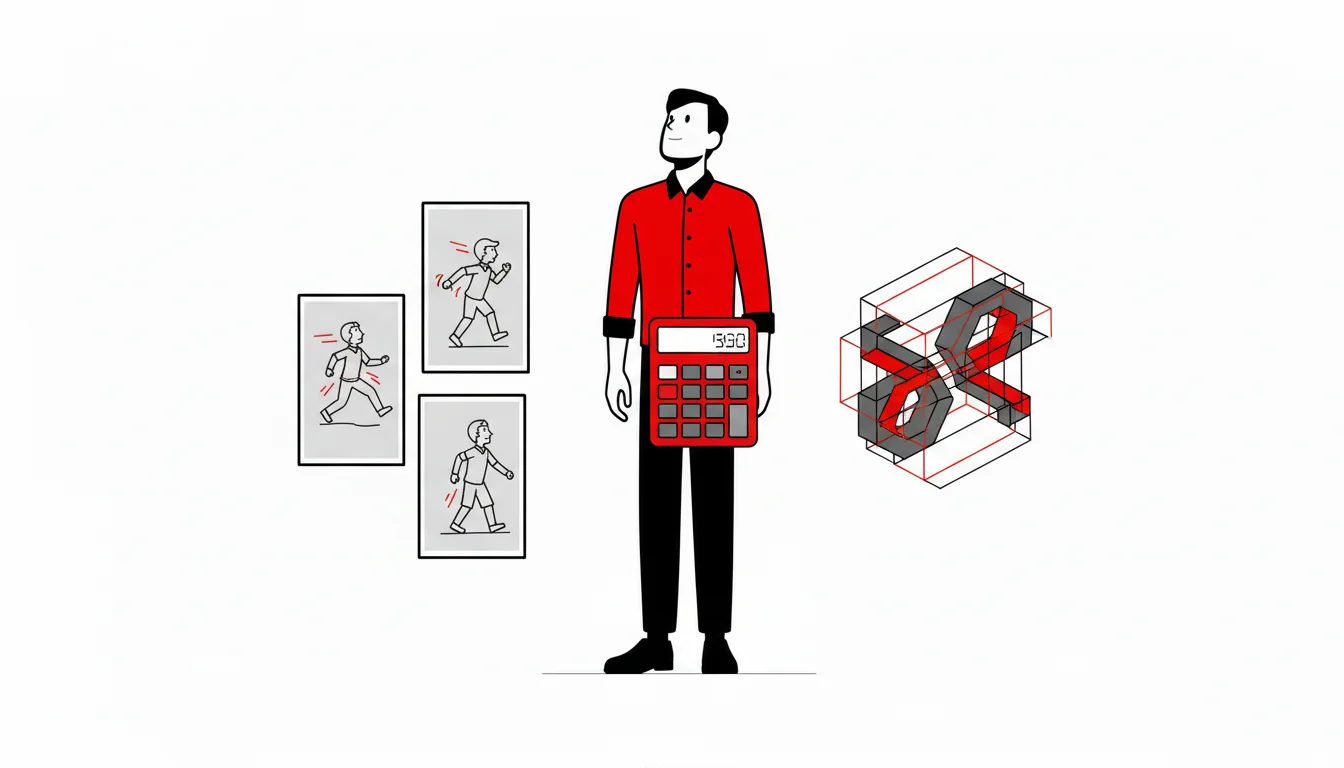 Personagem do site diante de uma animação 2D e 3D com uma calculadora de orçamento
