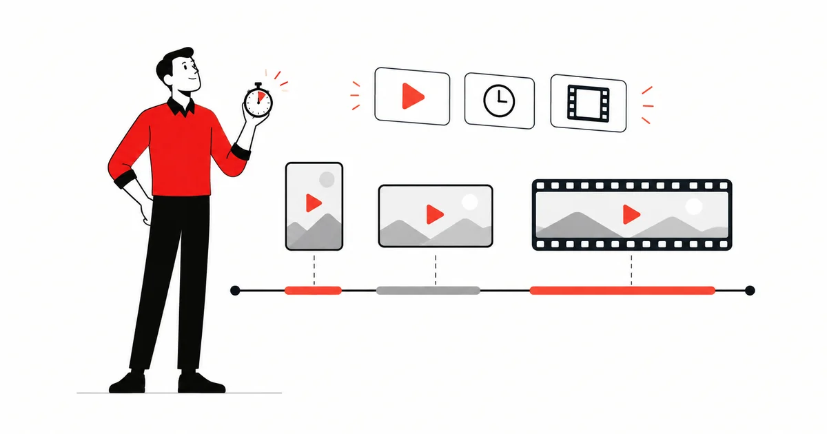 Site character in front of a timeline with videos of different lengths and a stopwatch