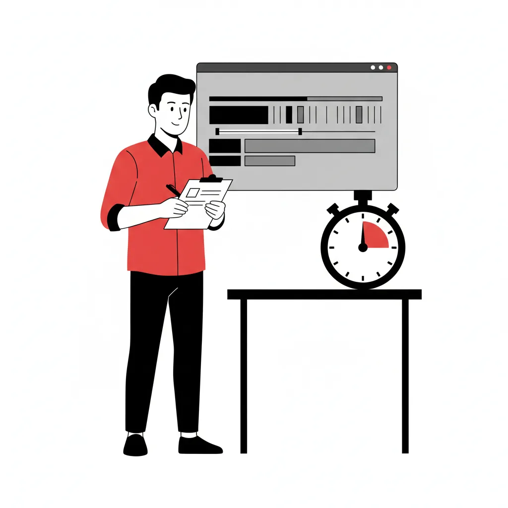 Site character writing a script on a clipboard next to a stopwatch