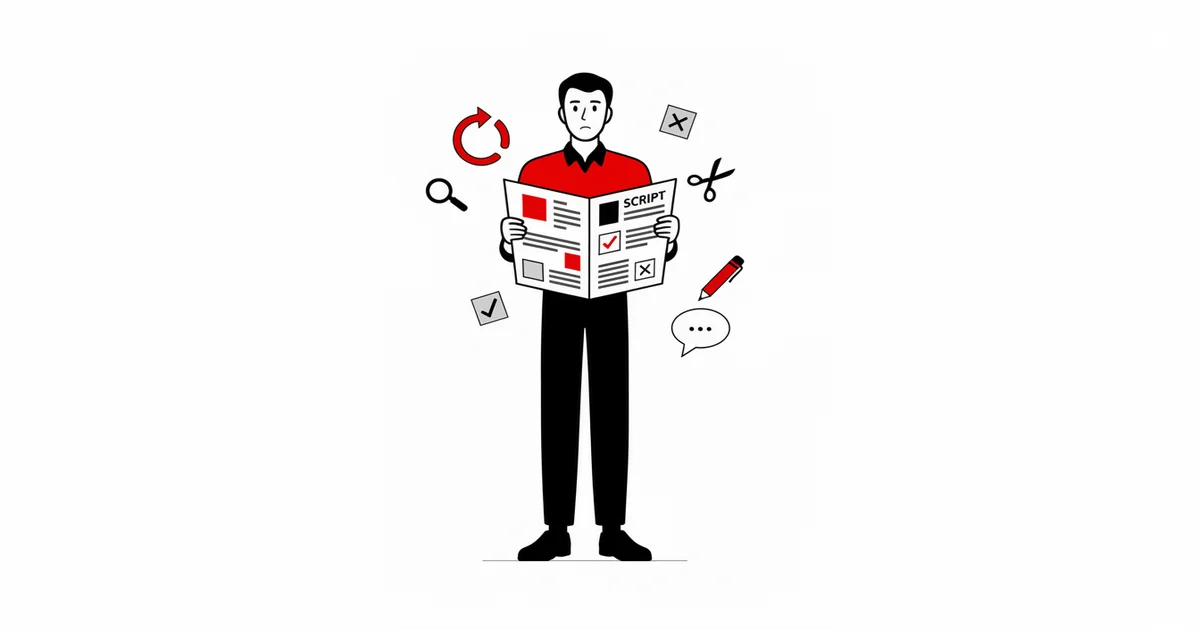 Personagem do site segurando um roteiro com anotações, post-its e ícones de revisão ao redor