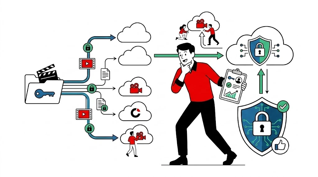 Character in front of a digital vault with a padlock, icons of video files and a server, representing where confidential brief data goes