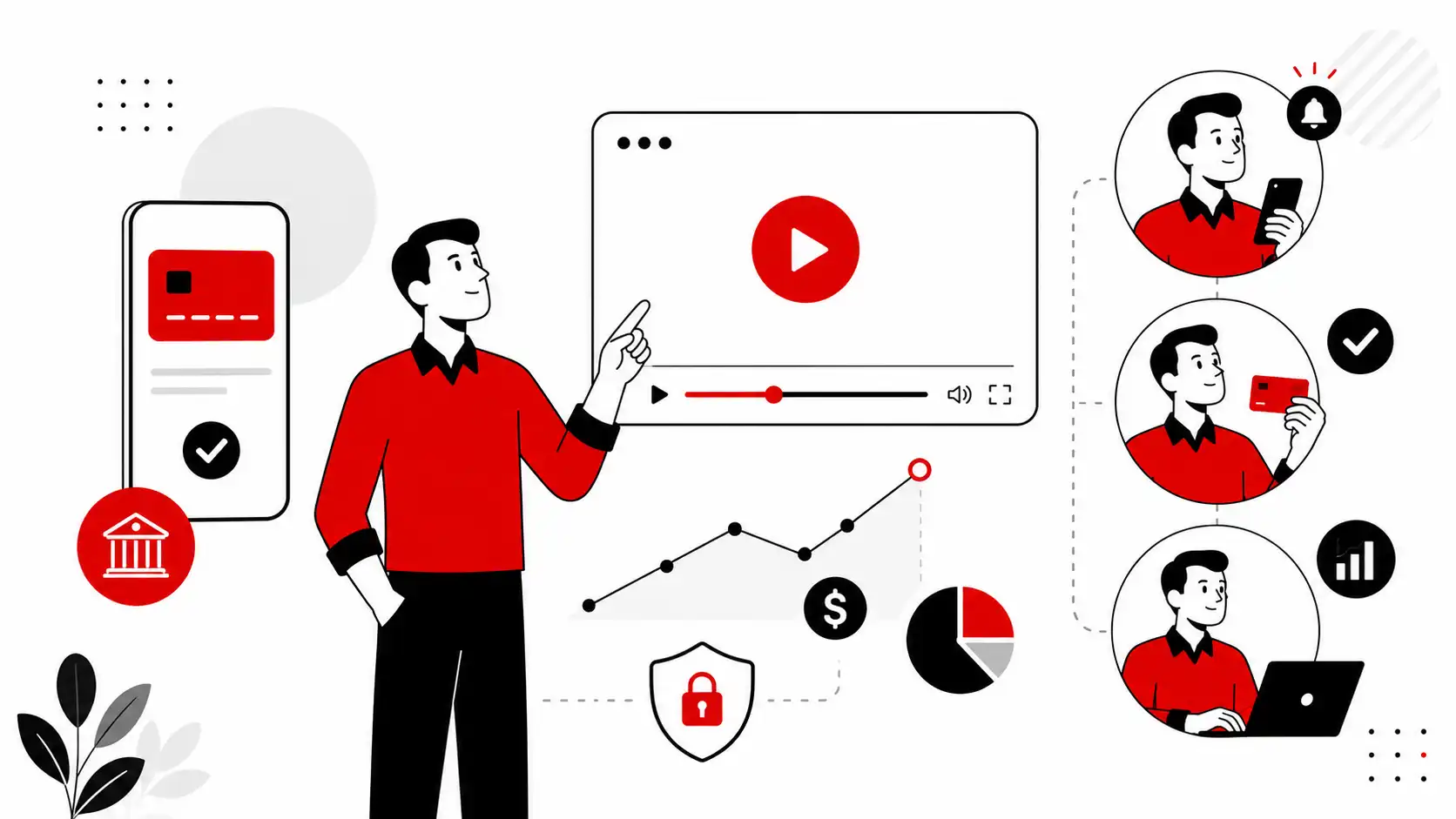 Animação explicativa para fintech com gráficos e ícones financeiros