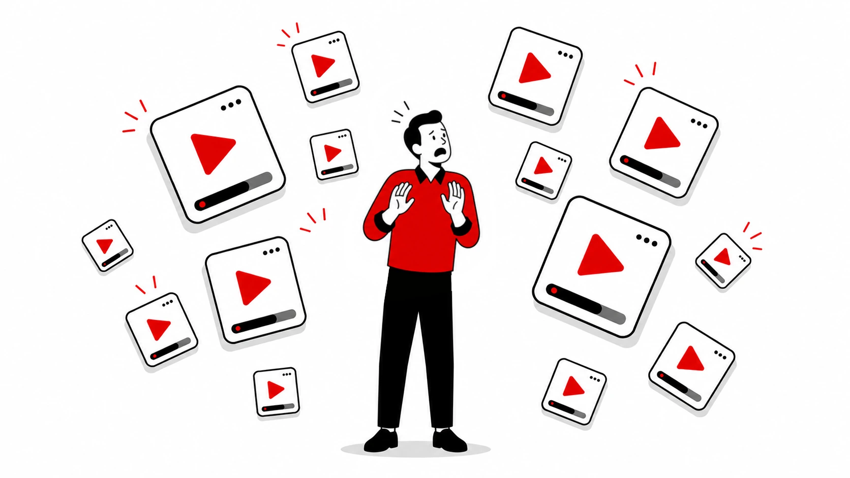 Personagem em frente a uma esteira industrial digital com ícones de like, play e engrenagens representando o algoritmo como linha de produção de conteúdo